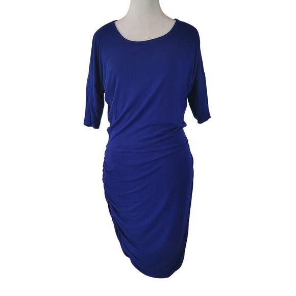 Athleta Size S Solstice Short Sleeve Ruched Tee Dress Cobalt Blue Flattering - Picture 1 of 12